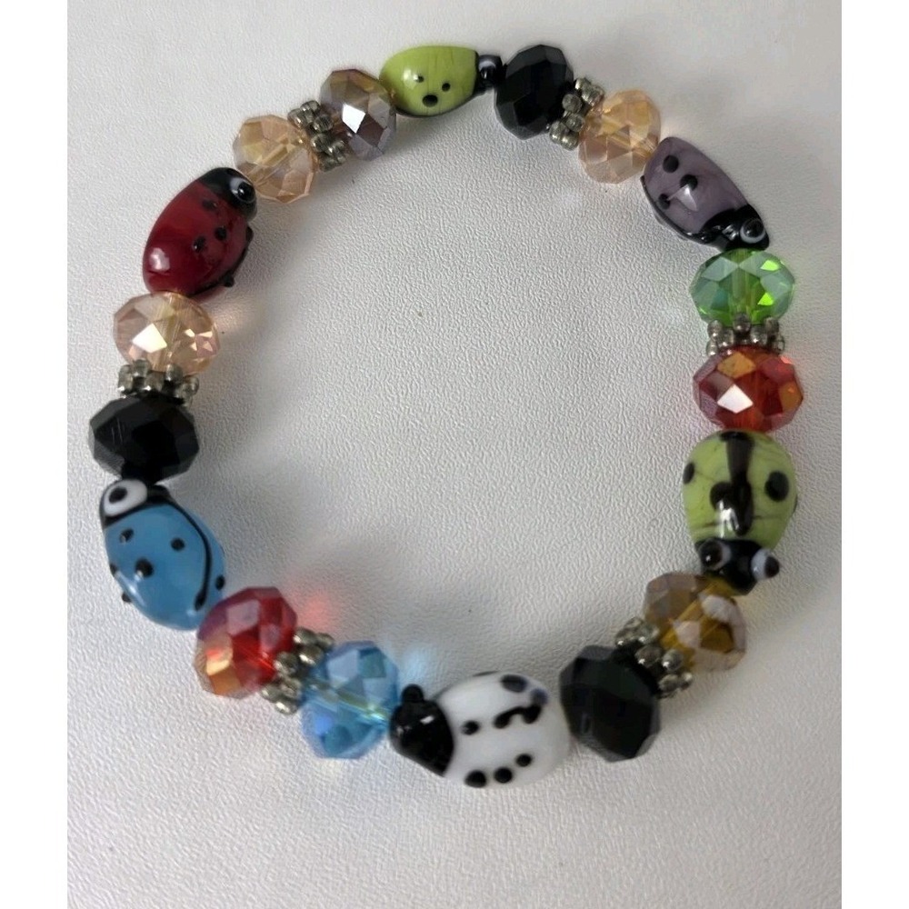 Multicolor Lampwork Glass Ladybug Stretch Bracelet Faceted Crystal Beads